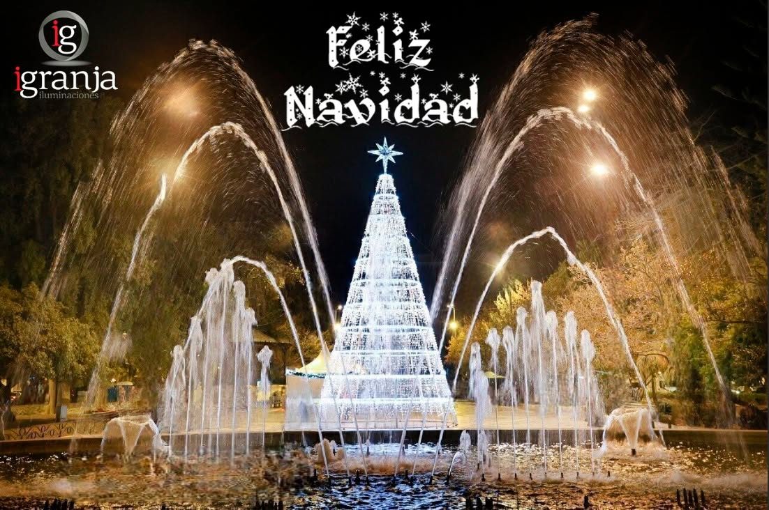 Árbol de Navidad de luz entre fuentes iluminadas